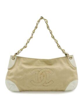 Chanel CC Logo Chain Shoulder Bag Canvas Leather White Beige Gold